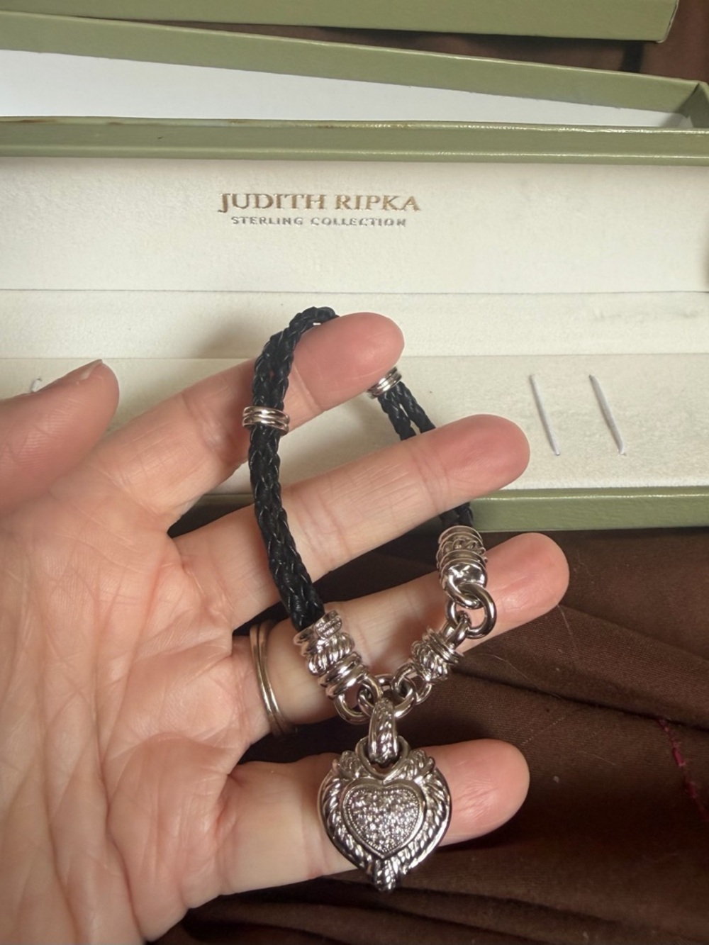 Judith Ripka Black Braided Leather Necklace with Sterling Pave Heart Pendant
